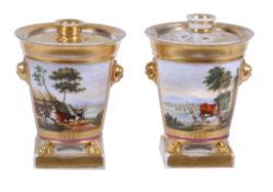 A pair of Paris bucket shaped flower holders   with pierced covers, circa 1820,  painted with
