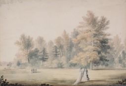 John Claude Nattes (circa 1765-1839) Figures in a park Watercolour  33 x 47 cm. (13 x 18 1/2 in)