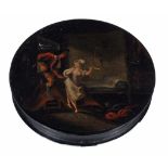 A circular papier mache box and cover,   early 19th century,  painted with a woman in her bedroom