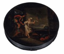A circular papier mache box and cover,   early 19th century,  painted with a woman in her bedroom