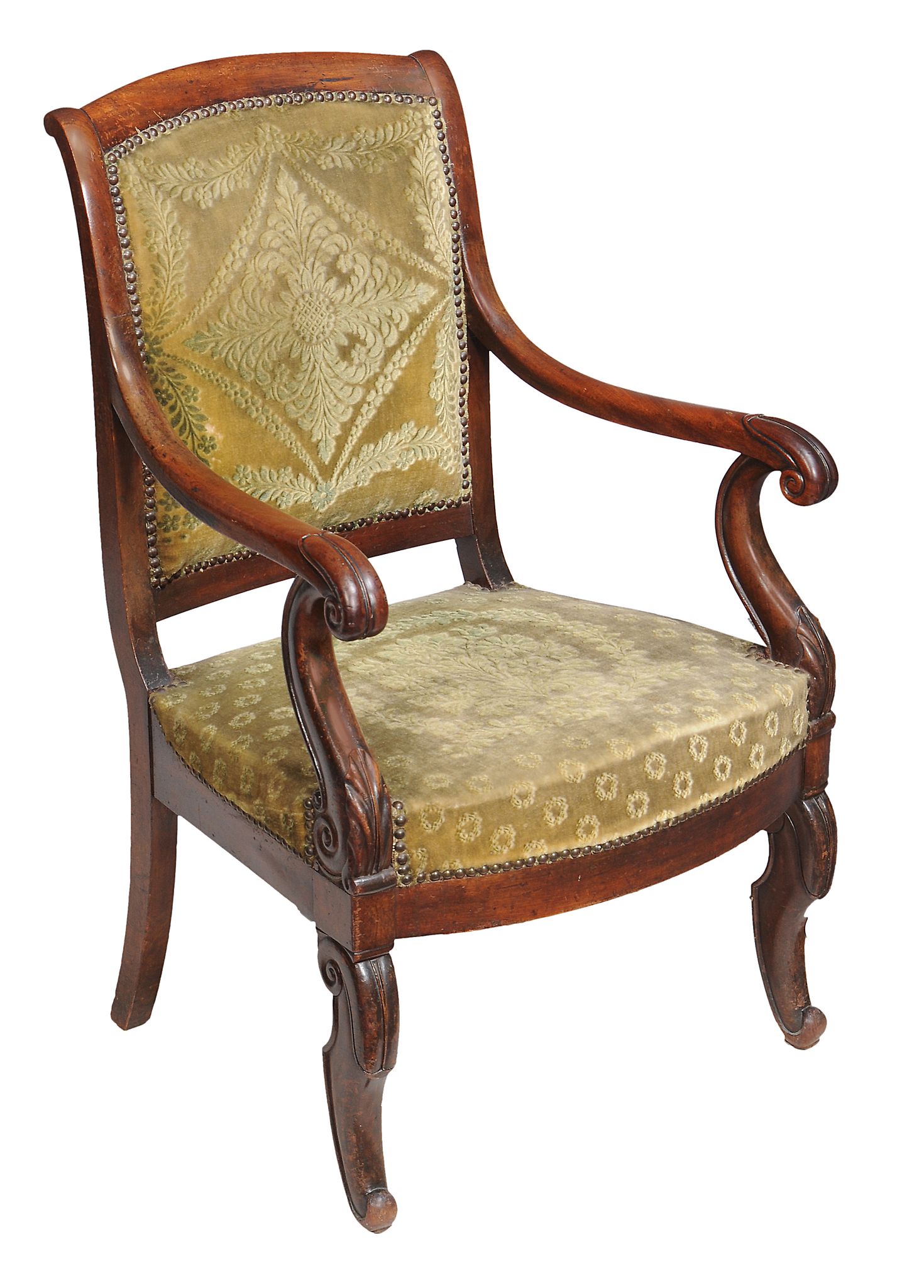 A Charles X mahogany fauteuil  , circa 1830,  with an arched padded back, scroll arm supports and