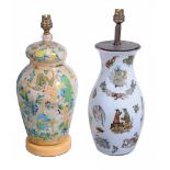 Two Decalcomania baluster vases,   19th century,  mounted as lamps, one decorated with chinoiserie