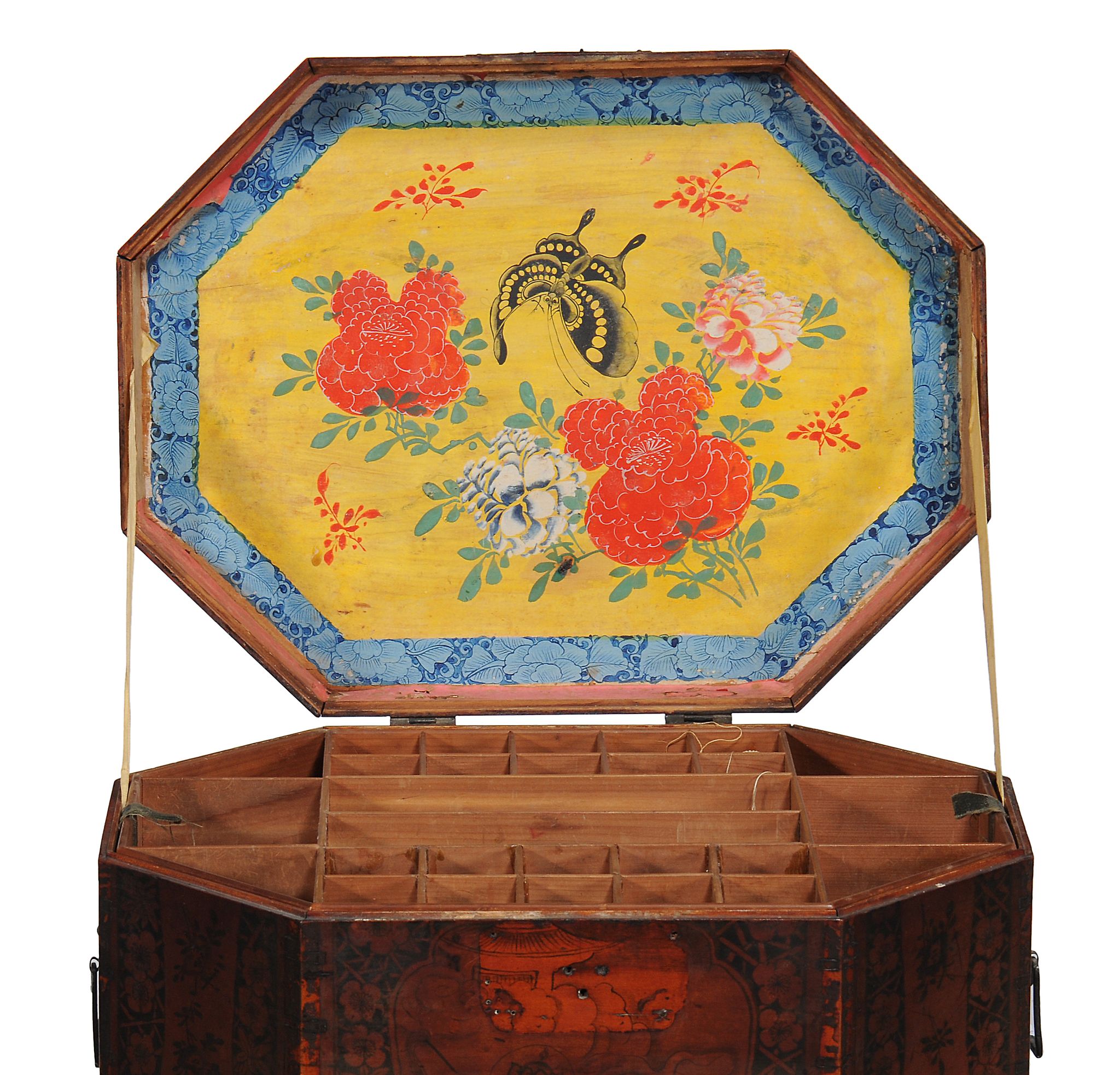 A Chinese red lacquer work box on stand  , the box early 19th century, on later associated stand, - Image 2 of 2