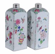 A pair of Chinese famille rose flasks,   Qing Dynasty, Qianlong (1736-95),  of square section, the