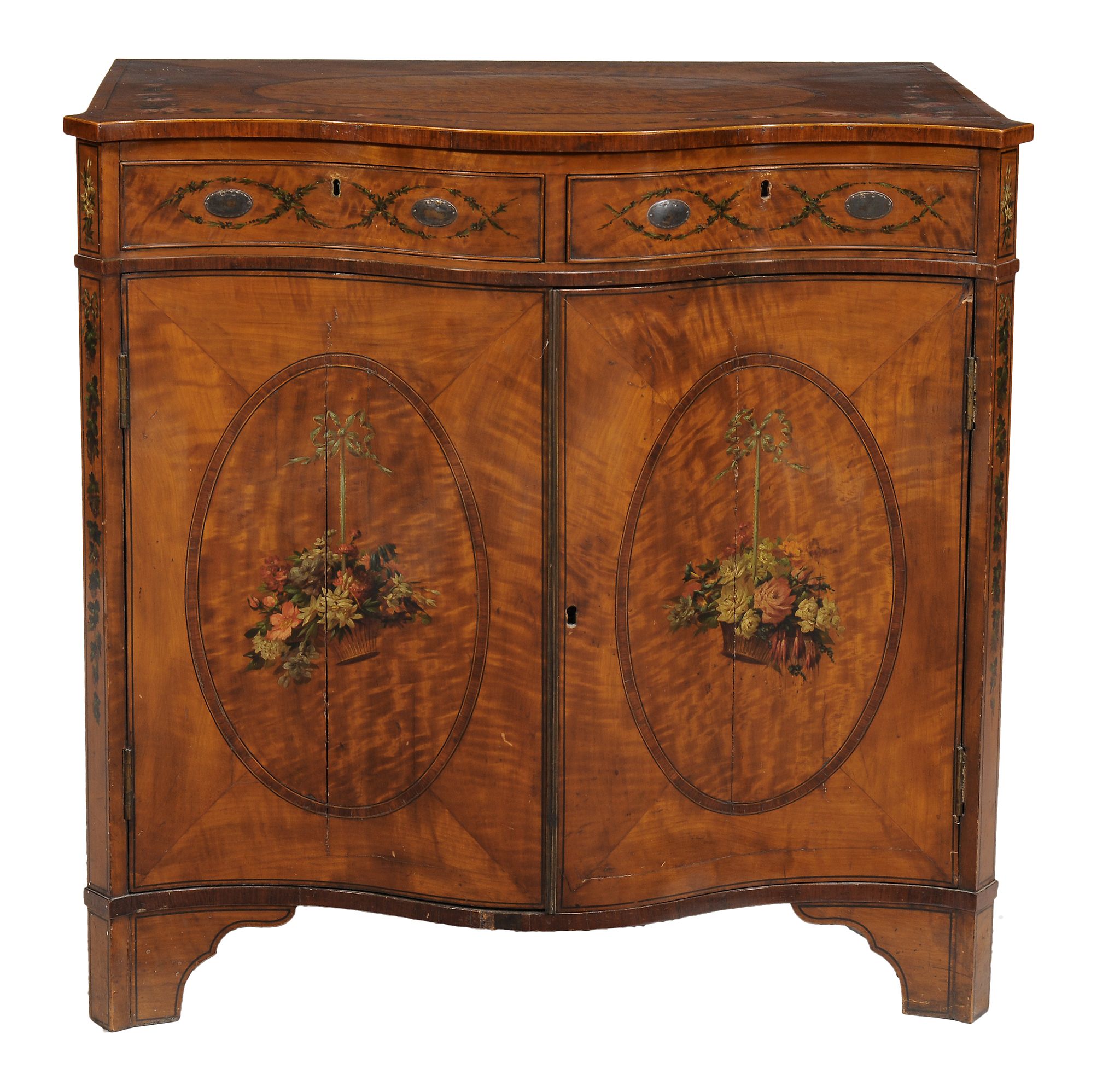 A Sheraton Revival crossbanded satin wood serpentine fronted side cabinet  , late 19th century,