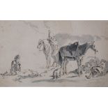 Dutch School (18th century)  A Hunting Party at rest with their horses   Pen and ink, with grey wash