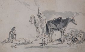 Dutch School (18th century)  A Hunting Party at rest with their horses   Pen and ink, with grey wash