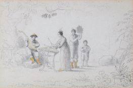 Anthony Devis (1729-1817)  A group of Chinese musicians performing beneath a tree  Pen, ink and wash