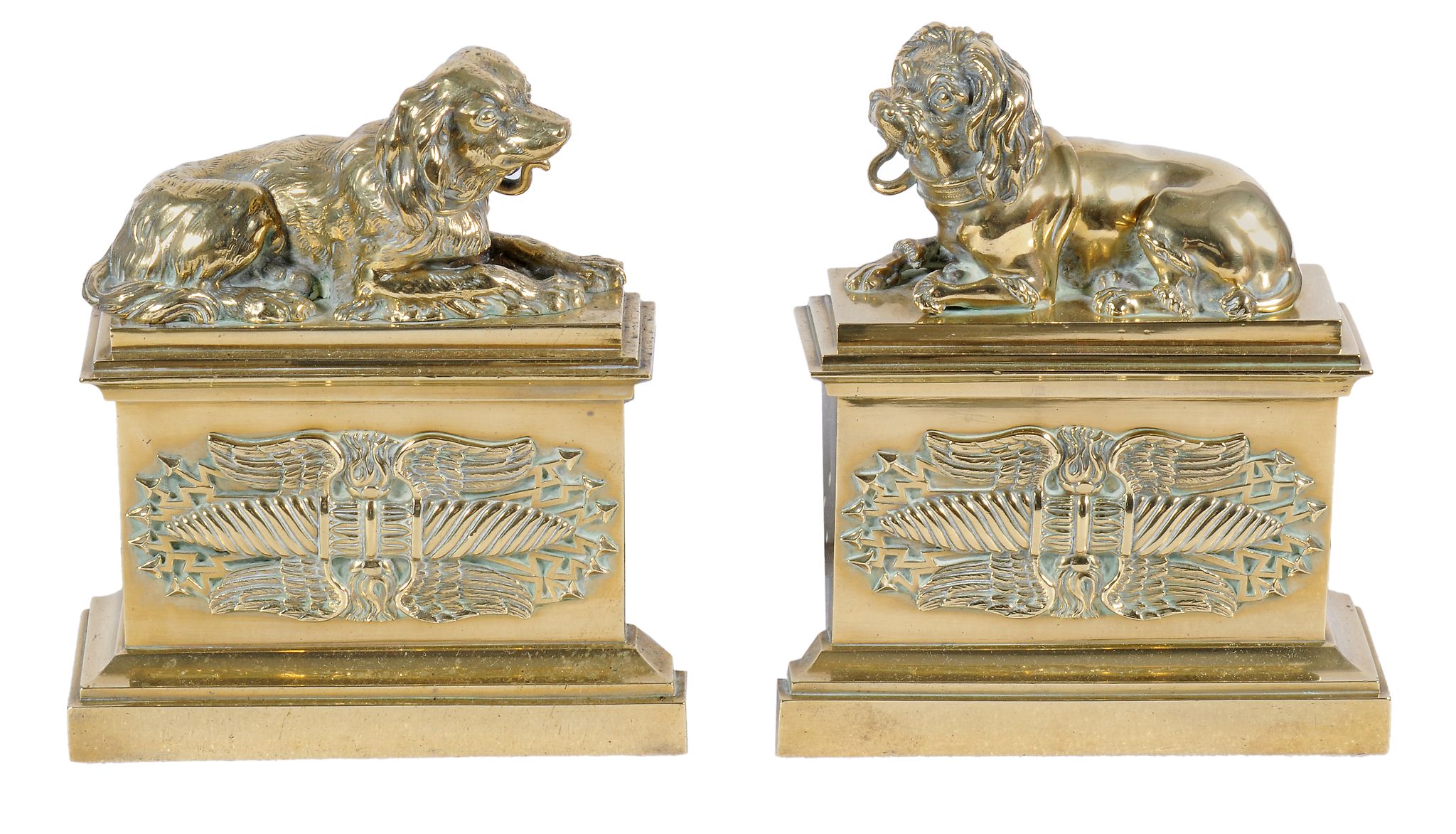 A pair of gilt bronze chenets, third quarter 19th century, one with a recumbent poodle and one