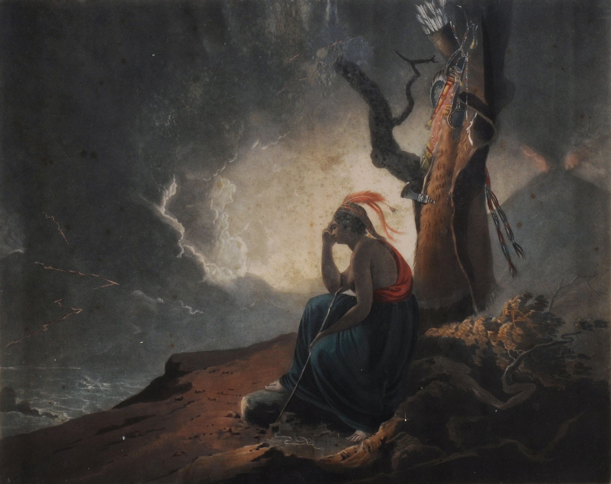 After Joseph Wright of Derby, A.R.A.  The widow of an Indian chief  Coloured engraving  45 x 55 cm.