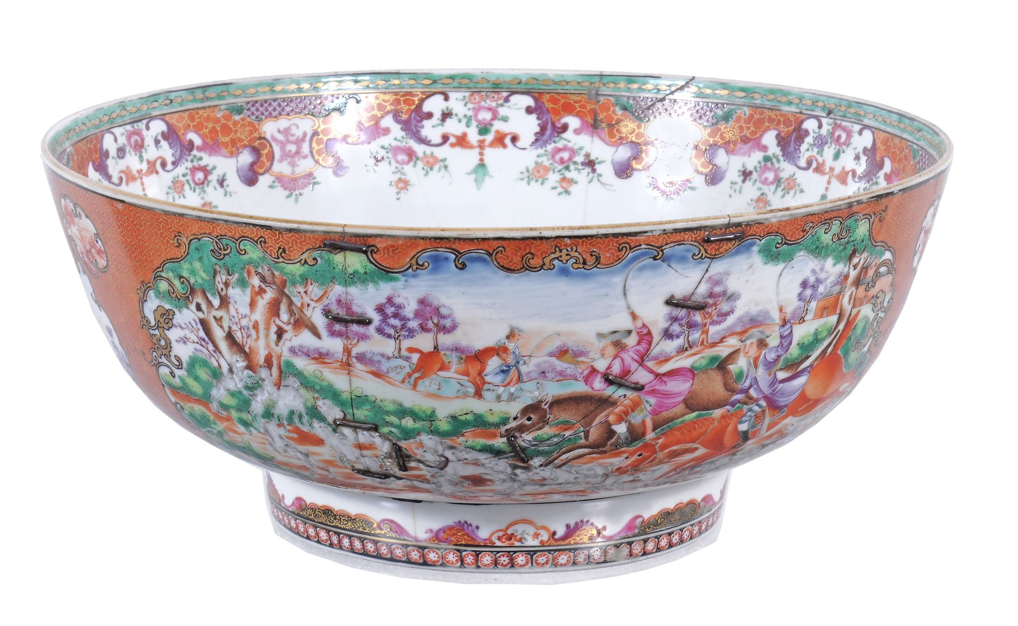 A Chinese export Mandarin palette punch bowl, Qing Dynasty  , Qianlong (1736-95),  decorated with