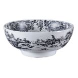 A Worcester black-printed punch bowl,   circa 1770, printed with continuous hunting scenes, 28cm