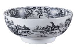 A Worcester black-printed punch bowl,   circa 1770, printed with continuous hunting scenes, 28cm