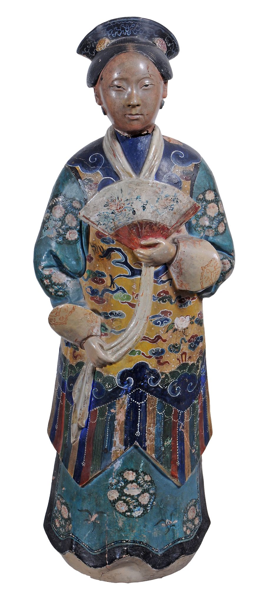 A Chinese painted terracotta figure of a woman  , 19th century, with articulated head, 43cm high
