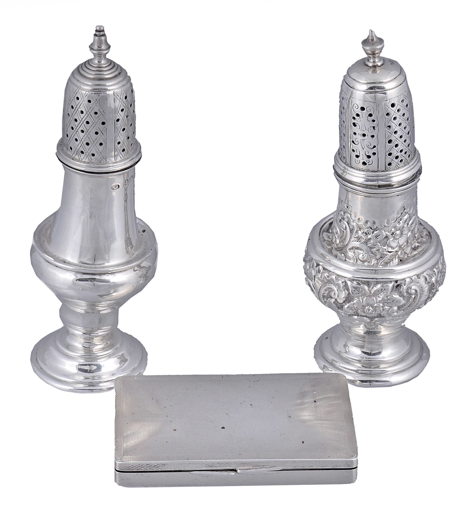 Two silver vase shaped pepperettes,   one embossed by John Round  &  Son Ltd, Sheffield 1894, the