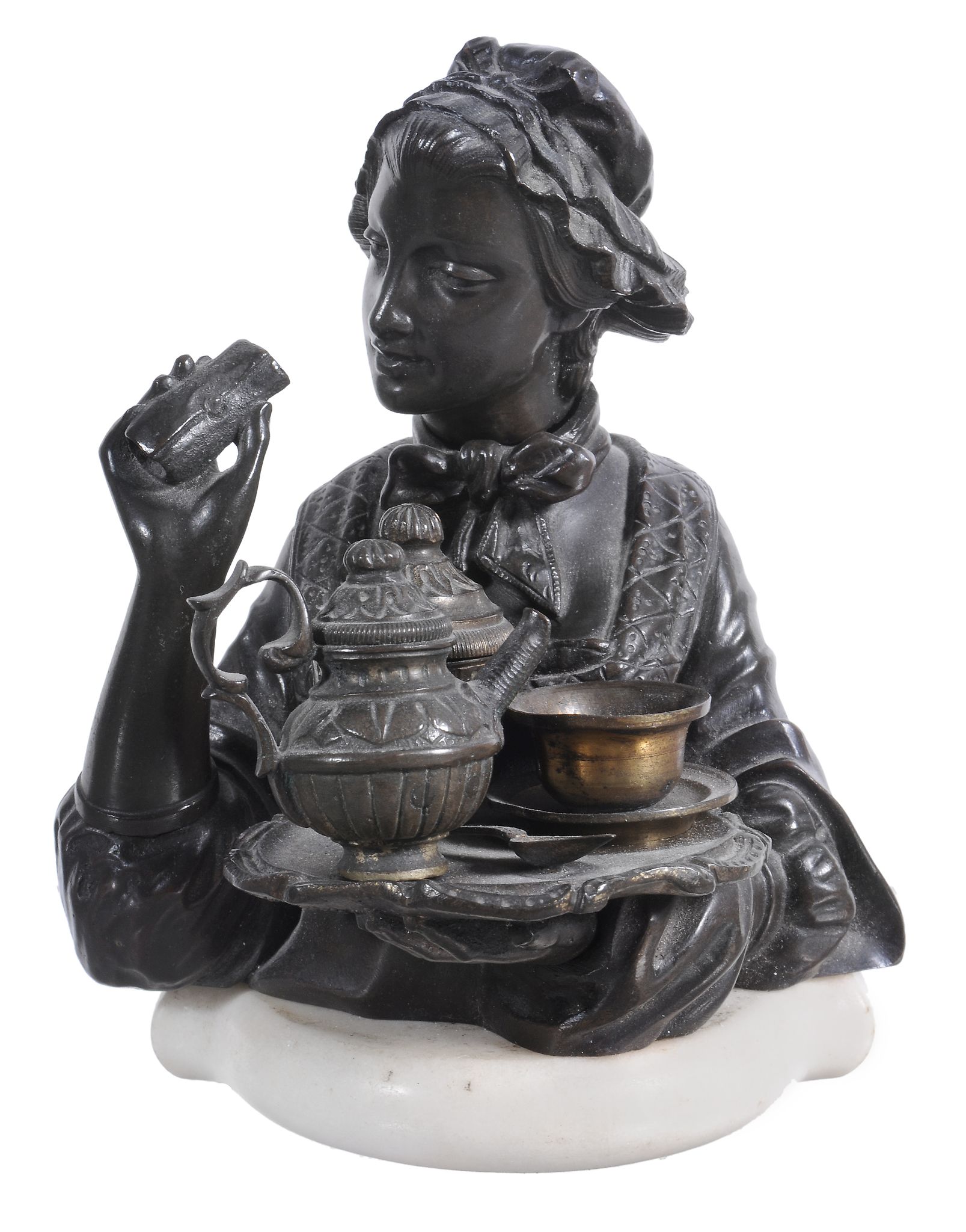 A bronze figure of a woman  , French, 19th century,  the half length figure holding a tray with a