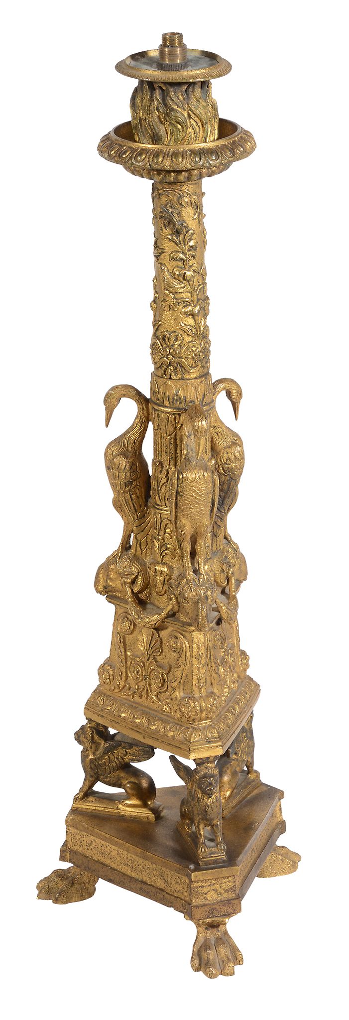 A Regency gilt-bronze large candlestick  , circa 1815, with bird and branch tapering cylidrical