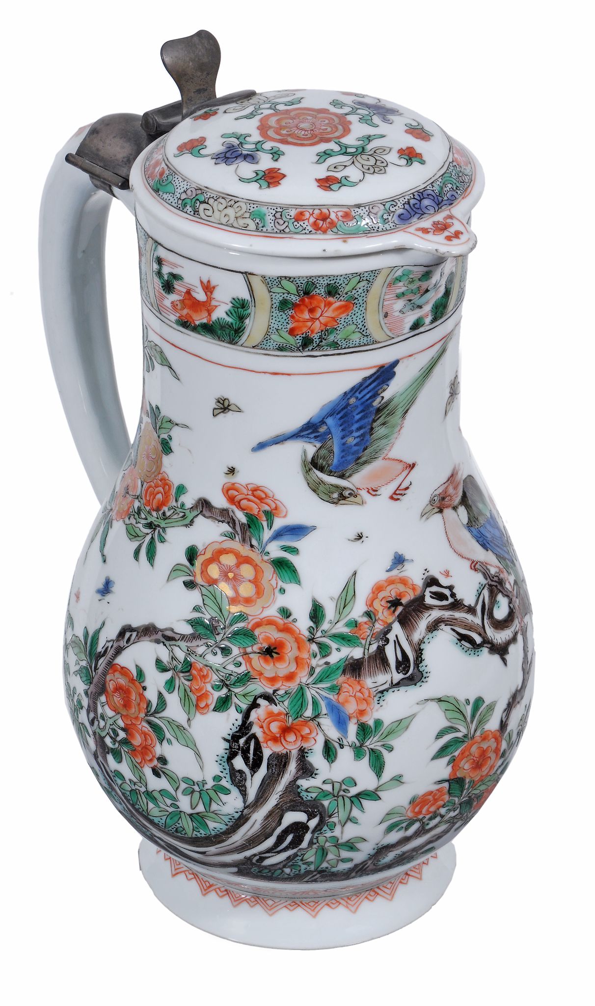 A famille verte jug and cover  , Qing Dynasty, Kangxi (1662-1722),  with ovoid body and cylindrical