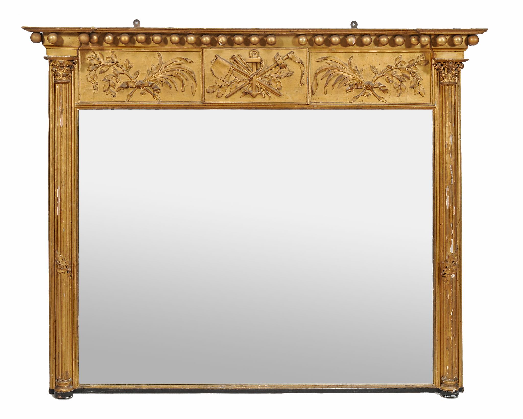 A Regency giltwood overmantel mirror  , circa 1815, with central frieze containing naval motif