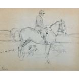 Molly Maurice Latham (1900-1987)  Ticky, a hunter, with rider up  Pencil Inscribed lower left Ticky