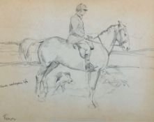 Molly Maurice Latham (1900-1987)  Ticky, a hunter, with rider up  Pencil Inscribed lower left Ticky