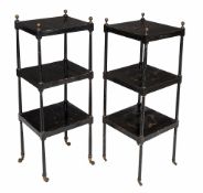 Two similar japanned and black lacquered whatnots  , first quater 19th century,  each with three