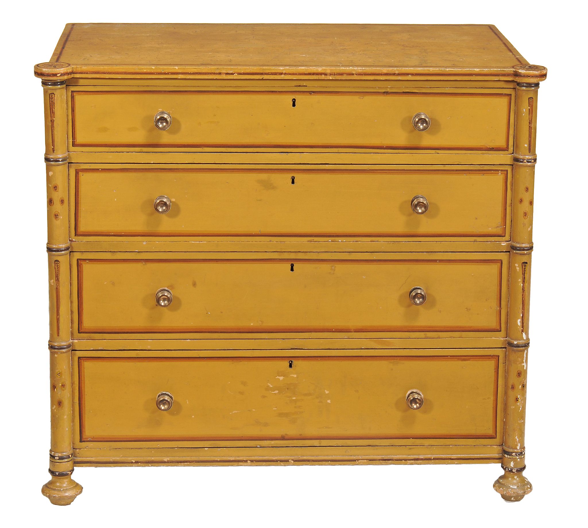 A Regency painted chest,   circa 1815,  the rectangular top with foliated decorated protruding