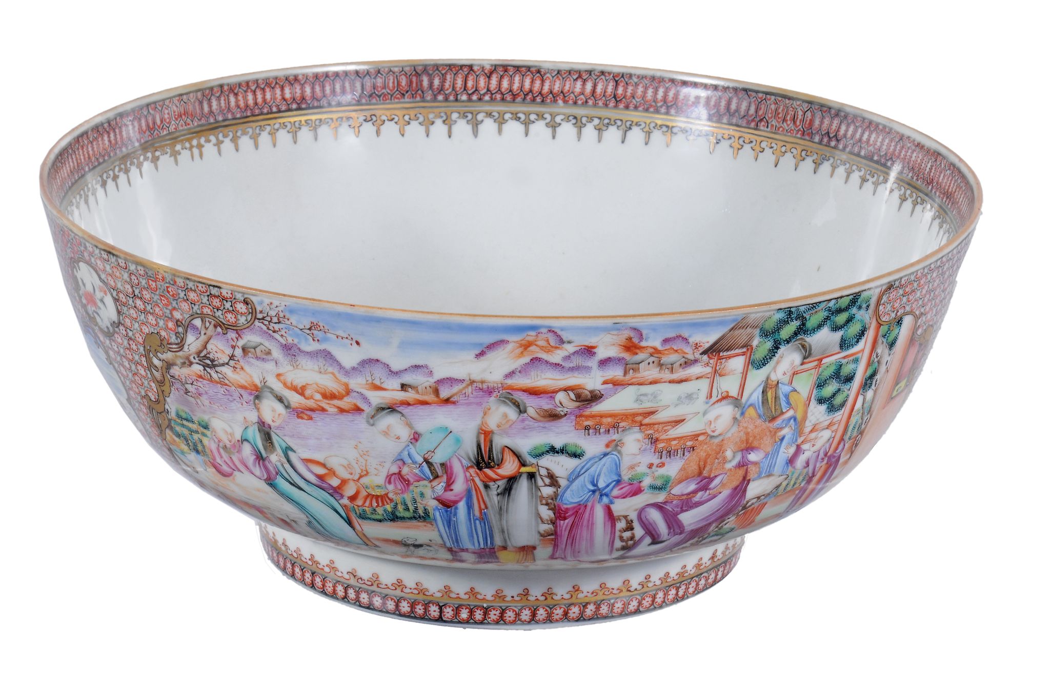 A Chinese famille rose punch bowl,   Qing Dynasty, Qianlong (1736-95),  the sides decorated with