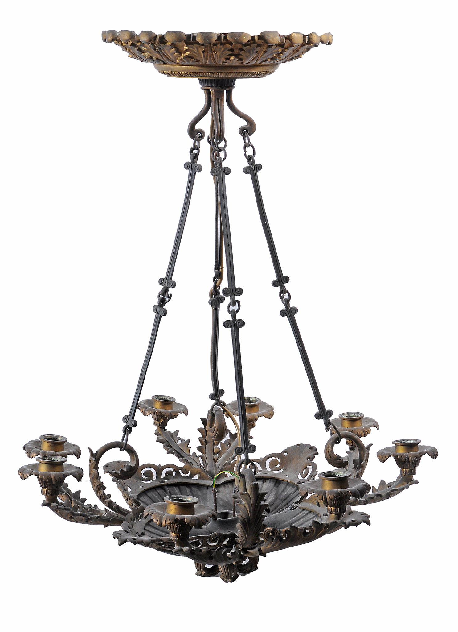 A gilt and patinated metal eight light chandelier  , second quarter 19th century,  the bowl in the