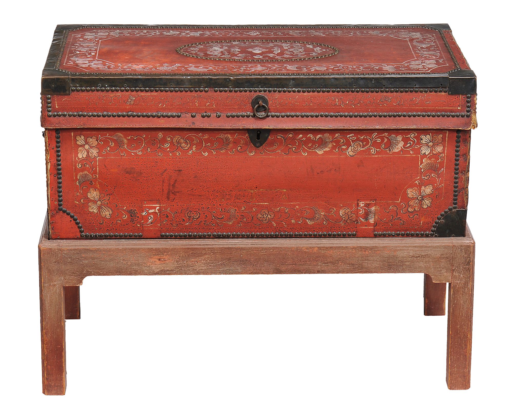 A Chinese export red leather trunk  , mid 18th century,  with floral decoration, brass corners and