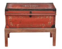 A Chinese export red leather trunk  , mid 18th century,  with floral decoration, brass corners and