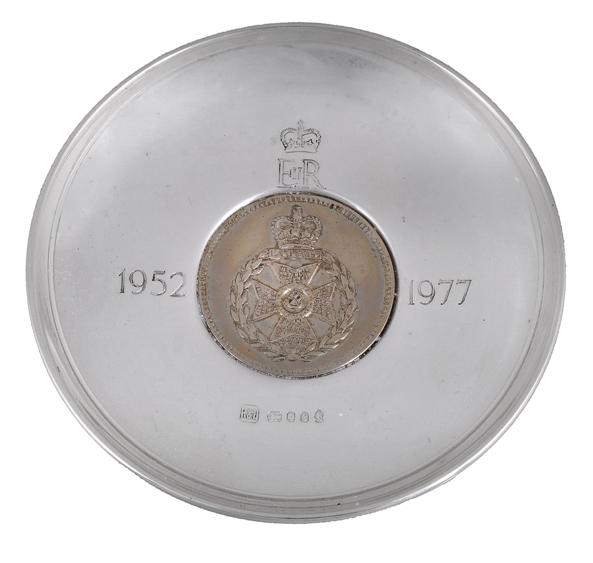 A silver jubilee Crown Dish by Roberts  &  Dore Ltd,   London 1977 (jubilee mark), engraved ER