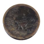 A George III pressed horn circular snuff box,   circa 1800, the cover with a huntsman and two