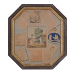 French School (18th century) A Trompe l'oeil of cards and fables  Watercolour  Octagonal,  38cm 33