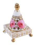 A Davenport conical pastille burner and stand  , circa 1820,  painted with pink roses with gilt