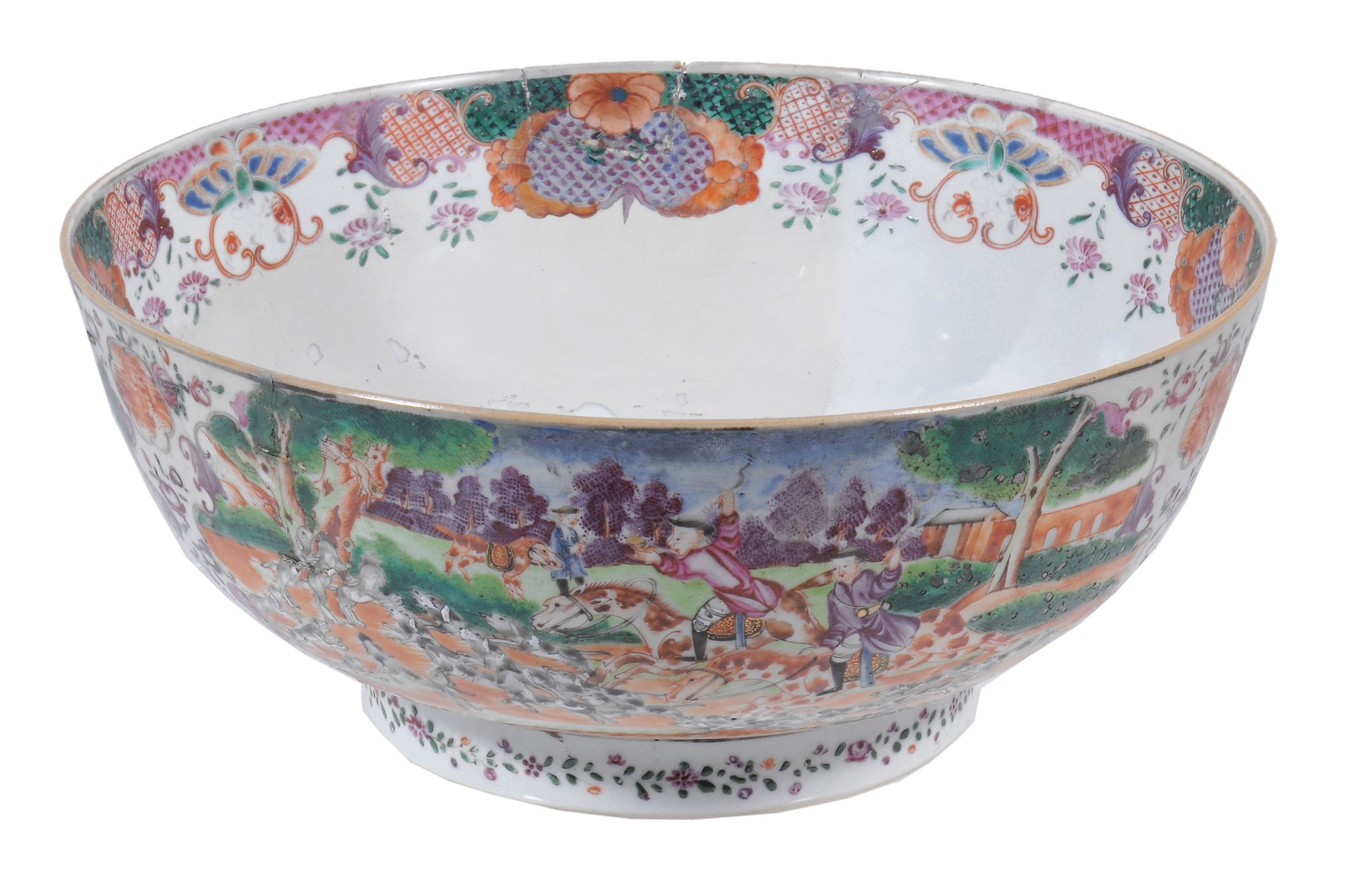 A Chinese export Mandarin palette hunting punch bowl,   Qing Dynasty, Qianlong (1736-95),  with
