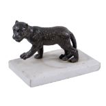 A Continental bronze model of a lion club,   late 19th century, on a rectangular white marble base,