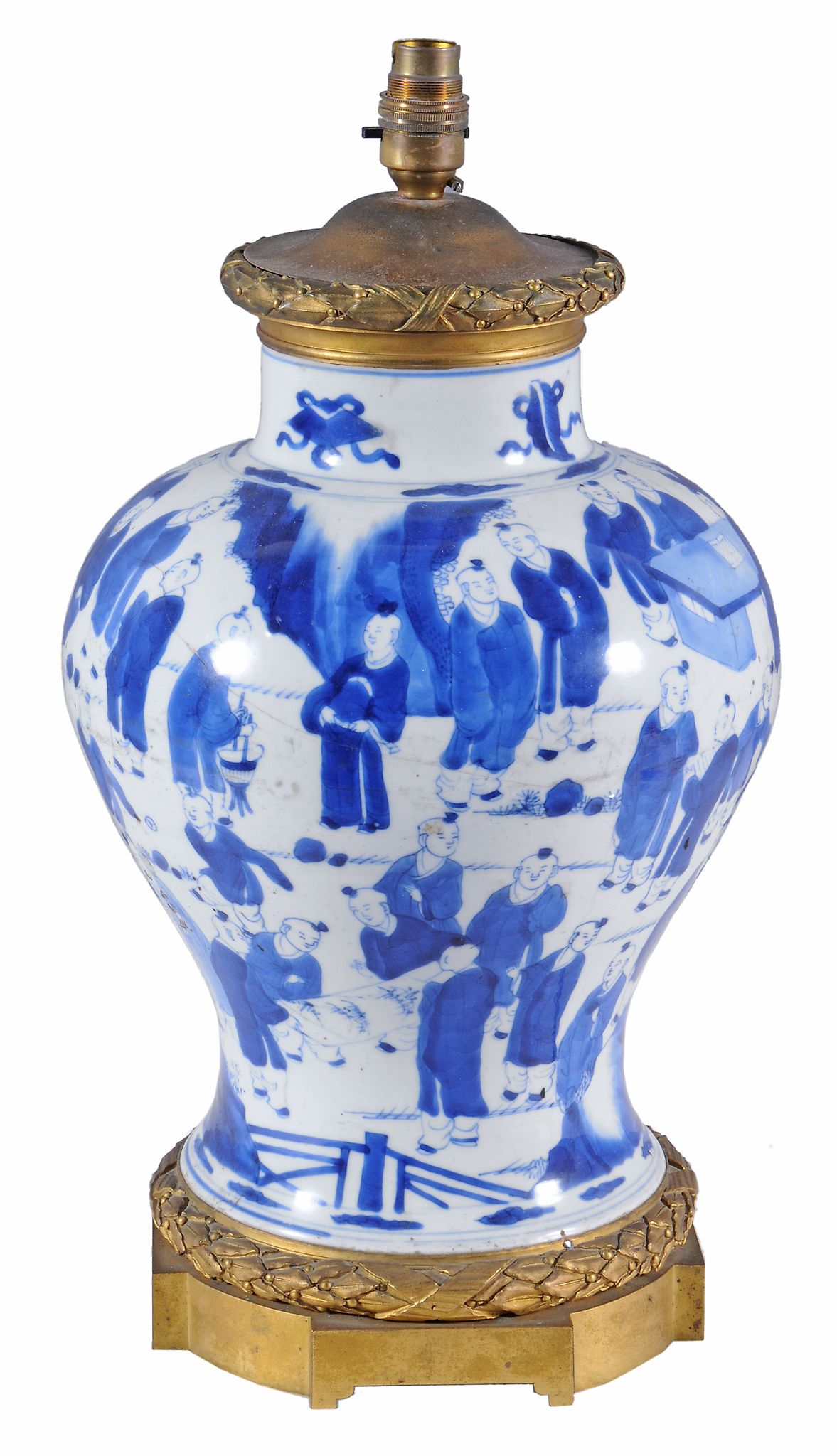 A Chinese ormolu mounted baluster vase,   Qing Dynasty, Kangxi (1662-1722),  painted in underglaze