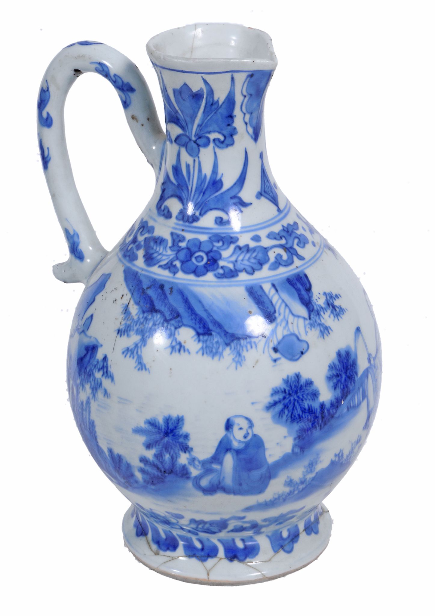 A Chinese ewer  , Transitional, 17th century,  with ovoid body painted in underglaze blue, a sage