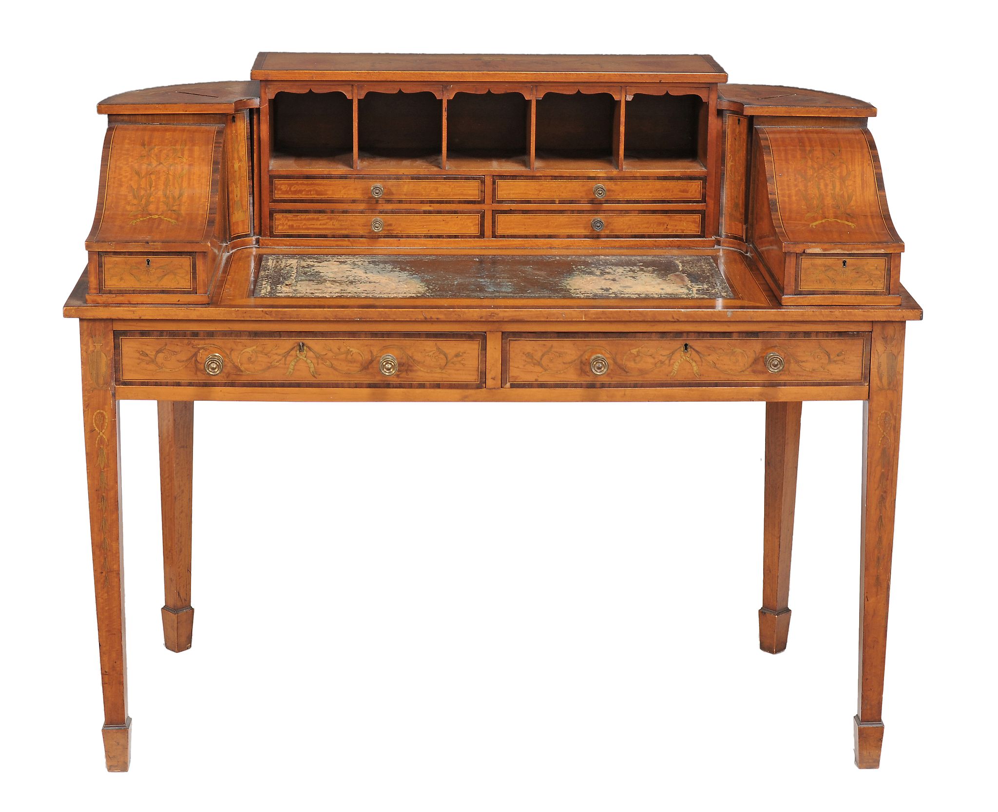 A George III satinwood, marquetry and rosewood crossbanded Carlton House desk, circa 1790, with an