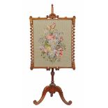 A  Victorian walnut pole screen  , circa 1850,  with adjustable rectangular floral embroidered