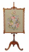 A  Victorian walnut pole screen  , circa 1850,  with adjustable rectangular floral embroidered