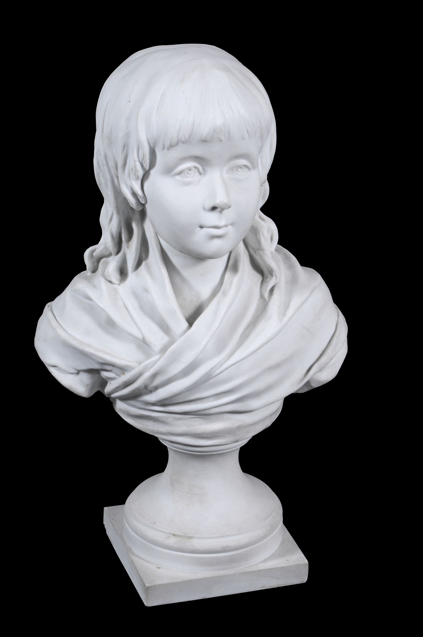 A biscuit porcelain bust of a child,   French, 19th century,  on socle plinth, incised marks,