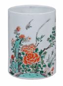 A cylindrical Chinese famille verte brush pot,   Qing Dynasty, Kangxi (1662-1722),  decorated with