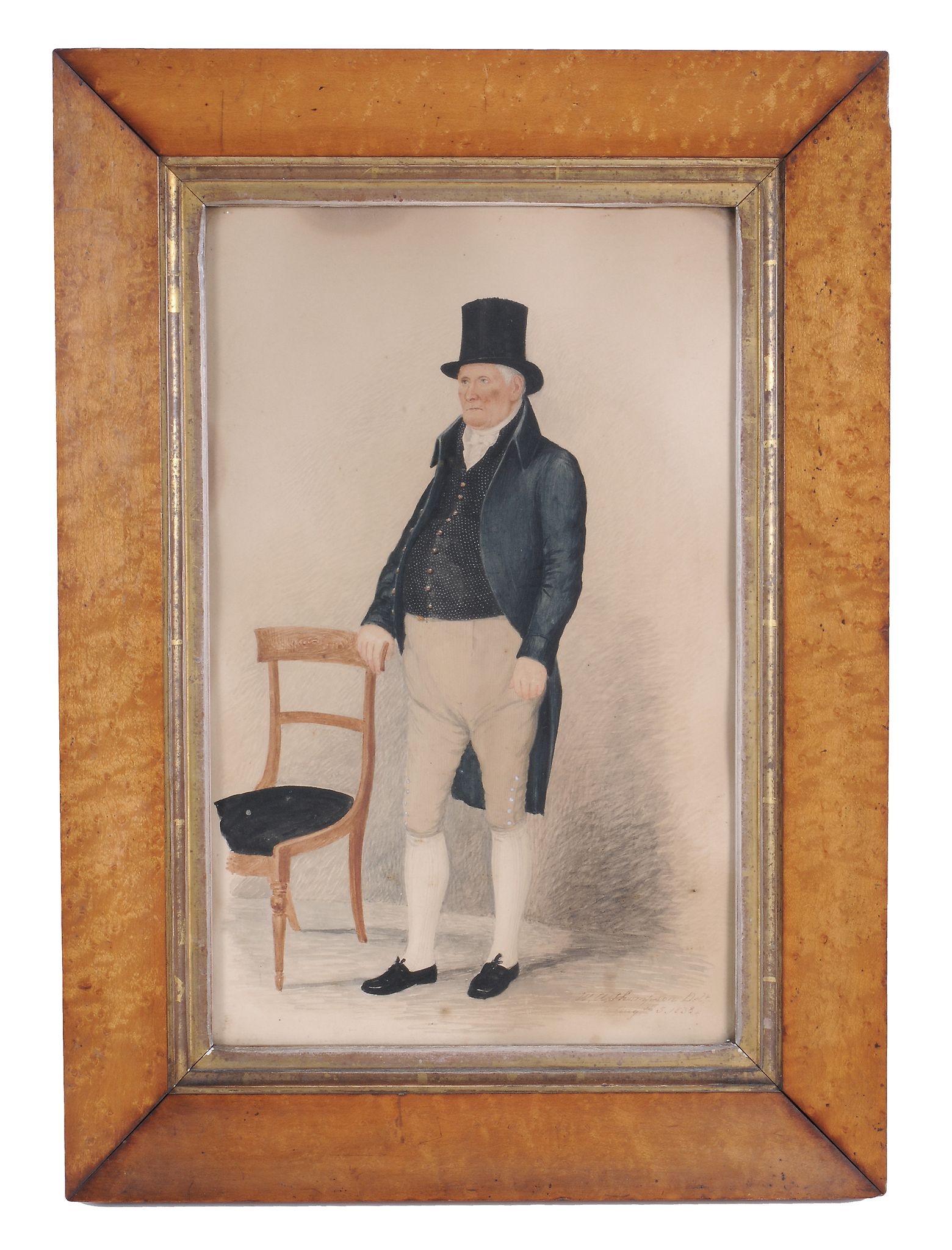 W. A. Thorpson (19th Century) Portrait of a gentleman standing by a chair Watercolour Dated   August - Image 2 of 3