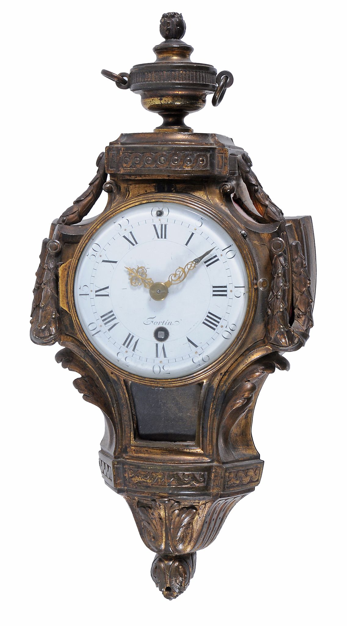 A French Louis XVI gilt bronze small cartel timepiece, Fortin, Paris, circa 1775,   the circular