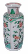 A famille verte rouleau vase  , Qing Dynasty, Kangxi (1662-1722),  the sides with long panels of