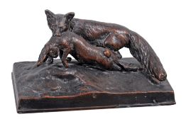 A copper electrotype group of a fox and a hare,   late 19th century, 13cm wide