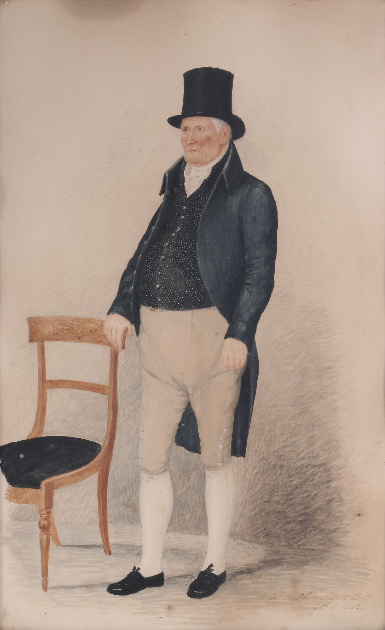 W. A. Thorpson (19th Century) Portrait of a gentleman standing by a chair Watercolour Dated   August