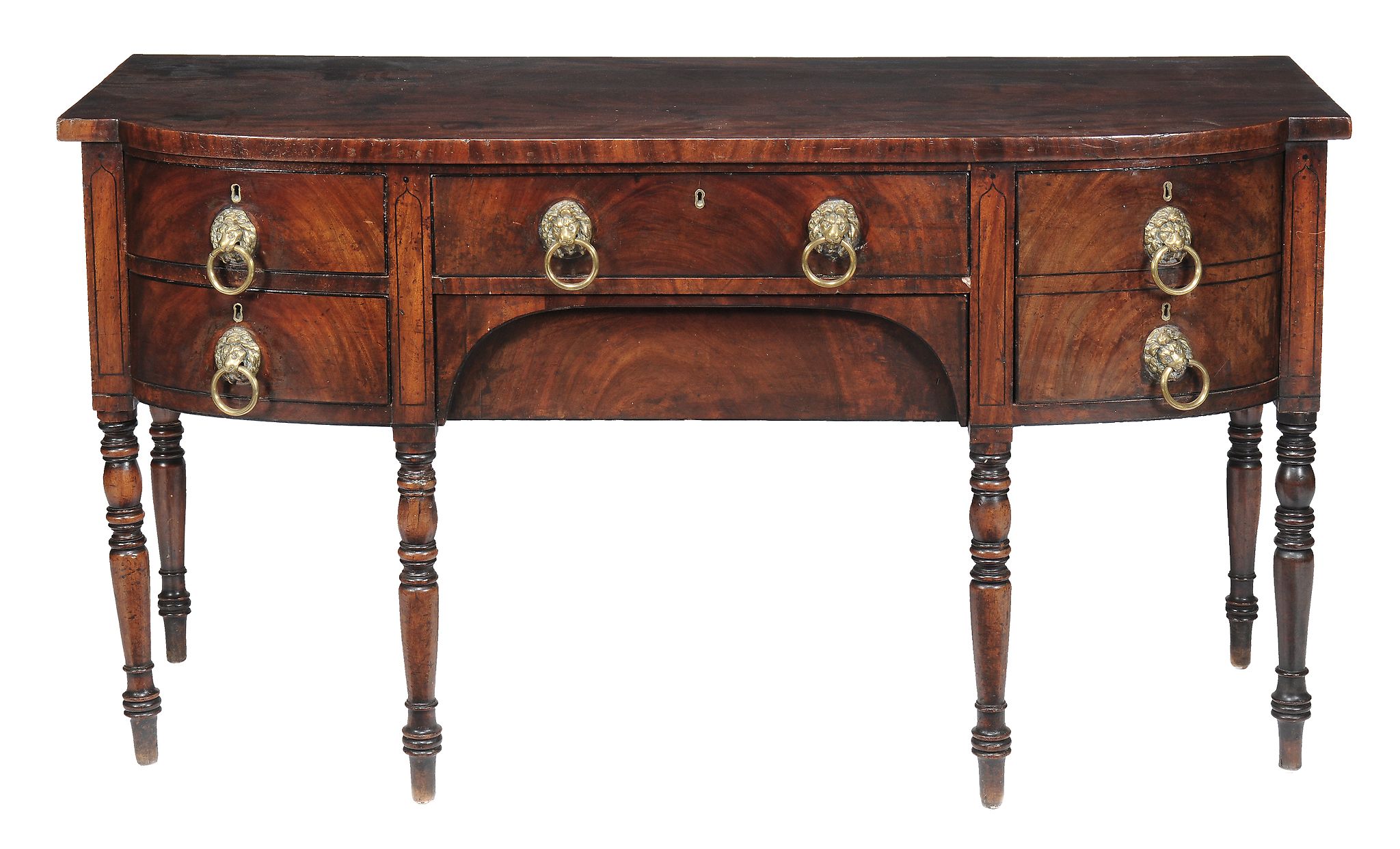 A Regency mahogany and inlaid sideboard,   circa 1815, with a bowfront top, the two central drawers